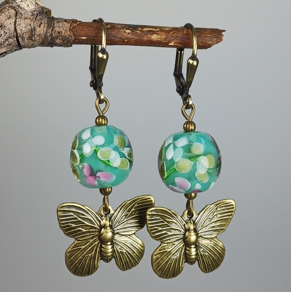 HAND CRAFTED Boho Floral Glass Brass Butterfly Dangle Earrings - Picture 4 of 6